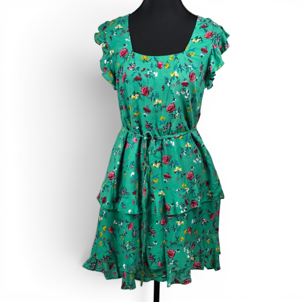 Lottie & Holly Green Floral Tiered Ruffle Mini Dress B.O.G Collective Medium NEW